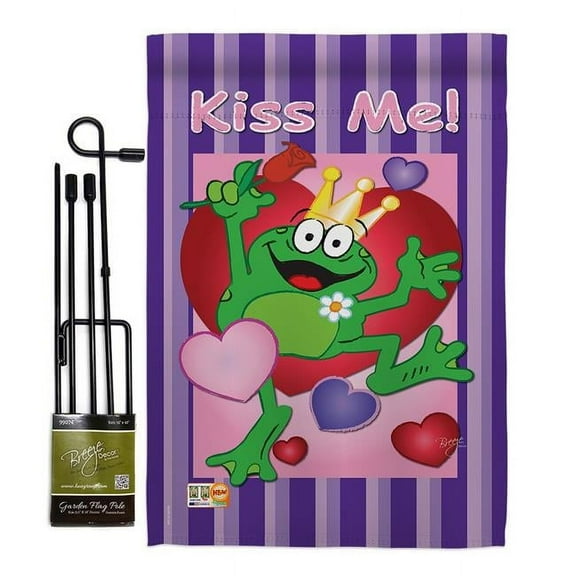 Breeze Decor BD-VA-GS-101042-IP-BO-D-US05-BD 13 x 18.5 in. Kiss Me Frog Spring Valentines Impressions Decorative Vertical Double Sided Garden Flag Set with Banner Pole