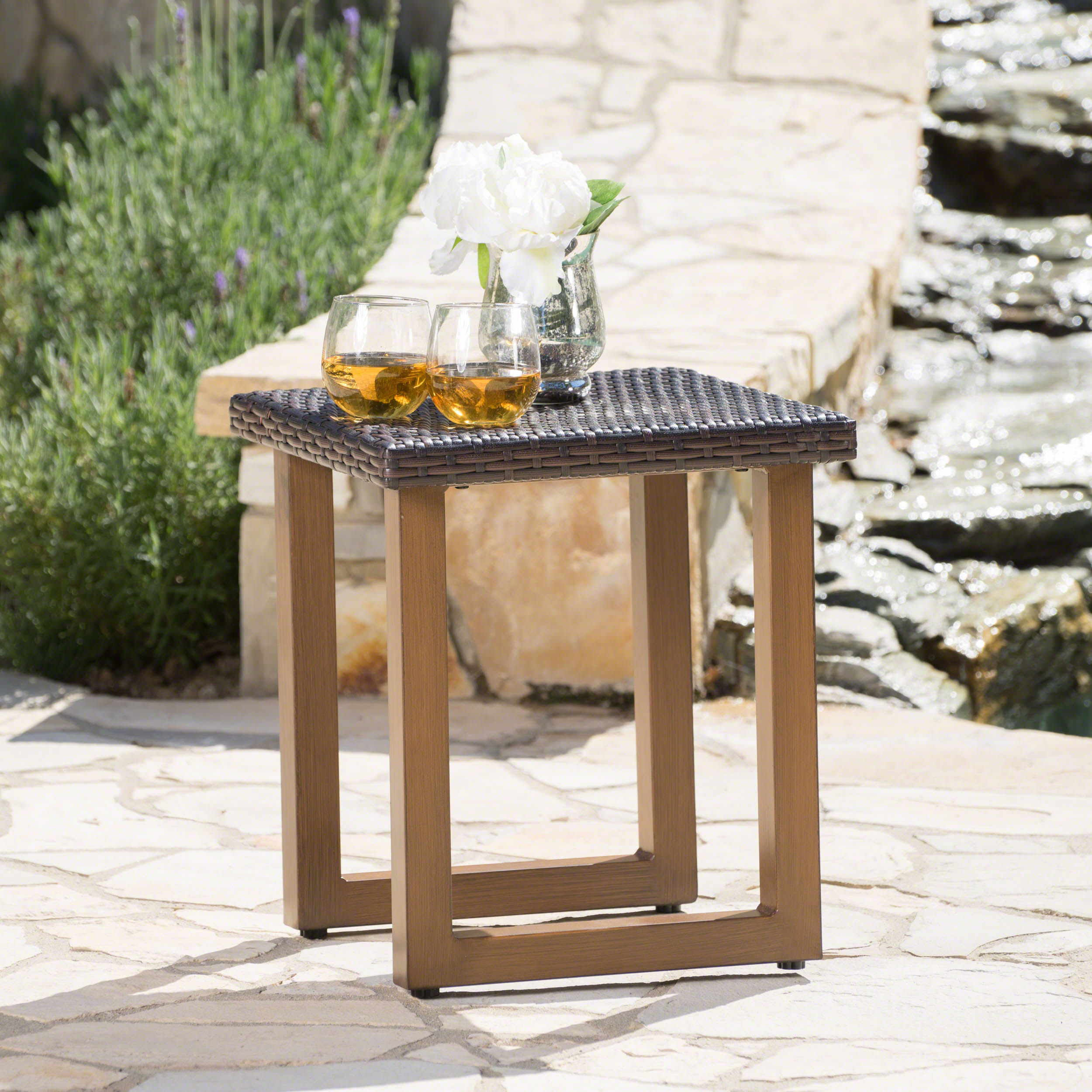 Manny Outdoor Wicker Side Table with Matching Aluminum Legs, Multibrown