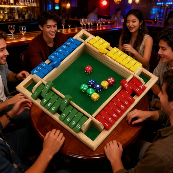 Wooden Shut The Box Dice Game for 4 Players - Family Pub Math Strategy Activity with 8 Dice, A Classic Board Game for Multi-Player Entertainment, Math Learning & Social Gatherings