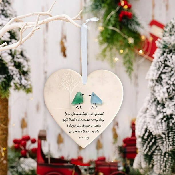 Adorno de cerámica de vidrio marino de la Amistad de porcelana blanca | Decoración plana 2D para árbol de Navidad | Regalo para un amigo sincero con detalles inspirados en el arte