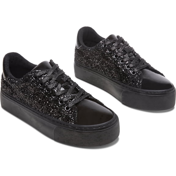 FOSDUO Women's Glitter Platform Sneakers Bling Thick Sole Rhinestone Sequin Lace-Up Non-Slip Breathable Casual Shoes for Wedding Party Daily Wear(Black Glitter,US6)