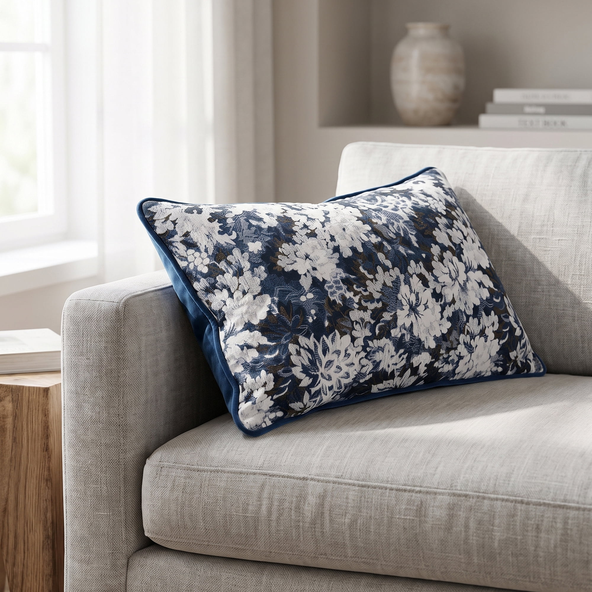 Unique Bargains Floral Throw Pillow Cover with Piped Edge Decor Cushion Case Blue 20"x12"