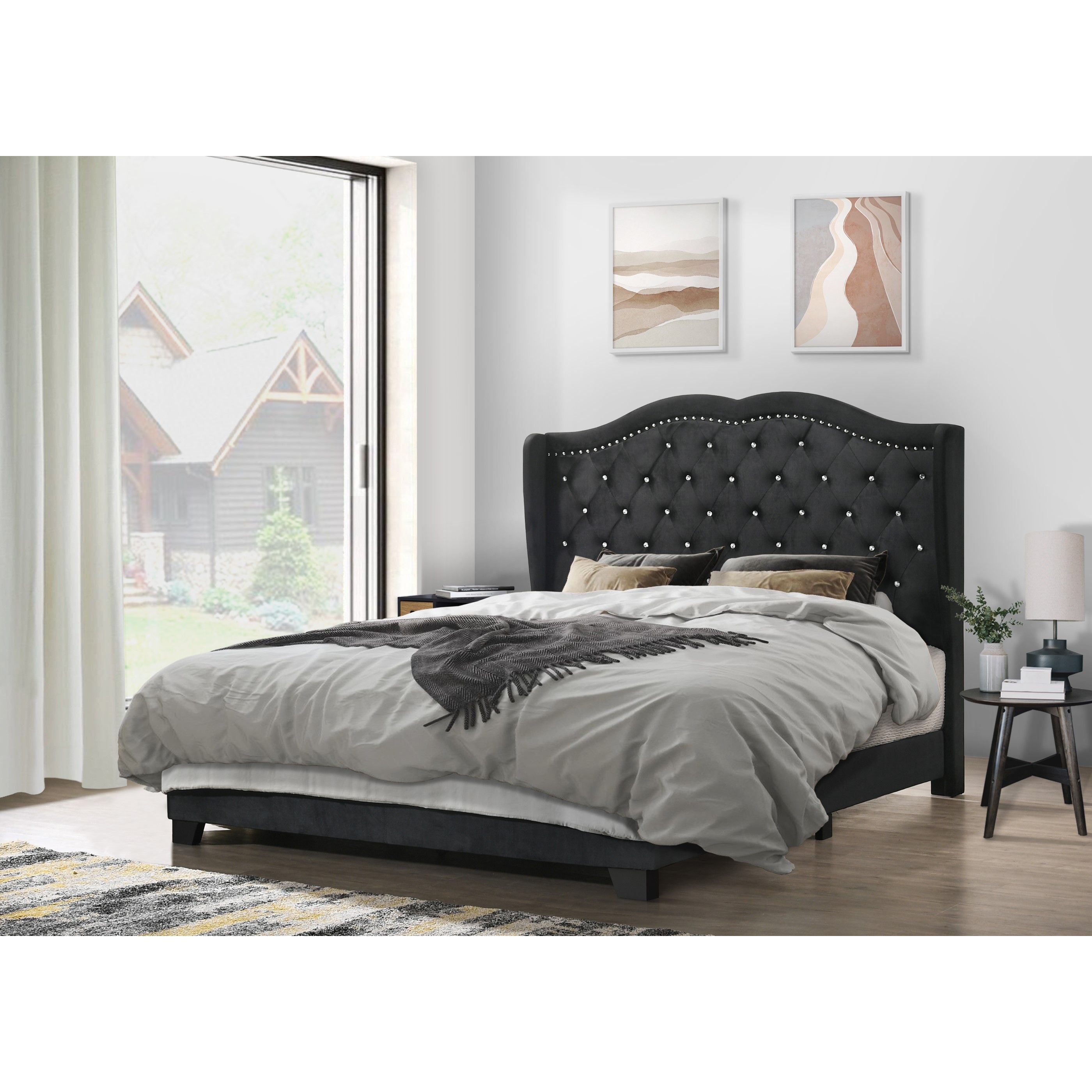 Home Design Aiden King Upholstered Panel Bed Frame with Tufted Headboard for Adult, Black, Easy Assembly