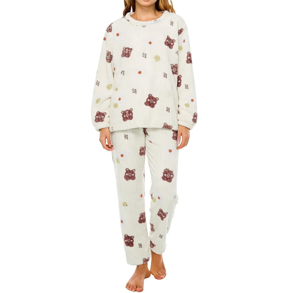 FUNUONY Cute Fluffy Pajama Set for Women Pullover Pants 2 Piece Pj Set Long Sleeve Sleepwear Lounge Sets,Warm Sleepwear High Elastic Crewneck Sherpa Loungewear,Fuzzy Thermal Nightwear
