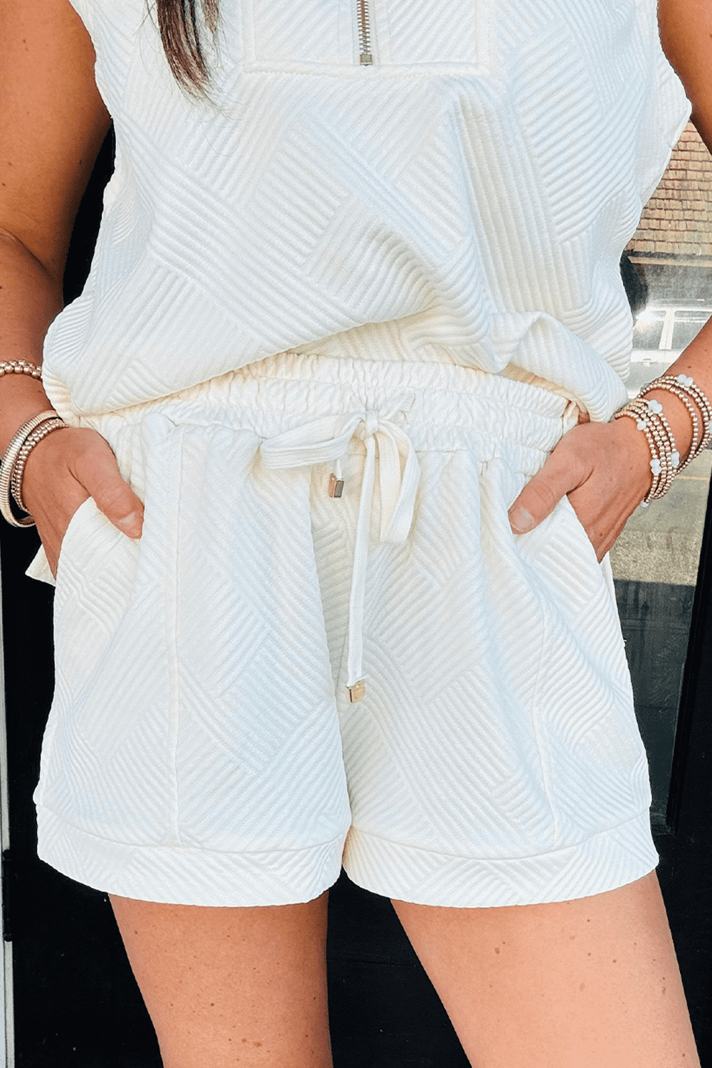 Women's White Textured Half Zip Tank Top and Drawstring Shorts Set