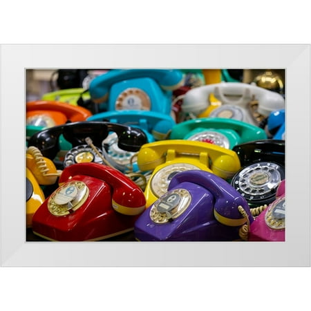 Hopkins, Cindy Miller 14x11 White Modern Wood Framed Museum Art Print Titled - Argentina-Buenos Aires San Telmo Market-aka Mercado San Telmo Colorful vintage telephones