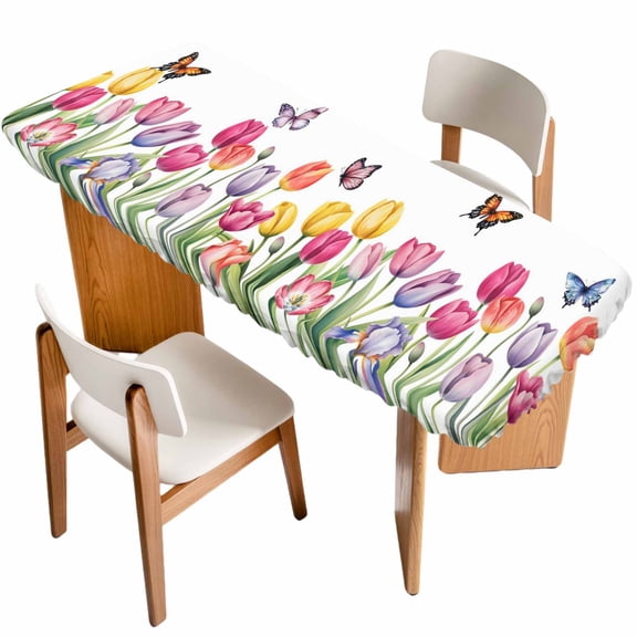 Tulips Spring Floral Table Cloths for 8 Foot Rectangle Tables, Pastoral Flowers Butterfly Farmhouse Patio Waterproof Elastic Fitted Tablecloths, Washable Rectangular Table Cover for Camping