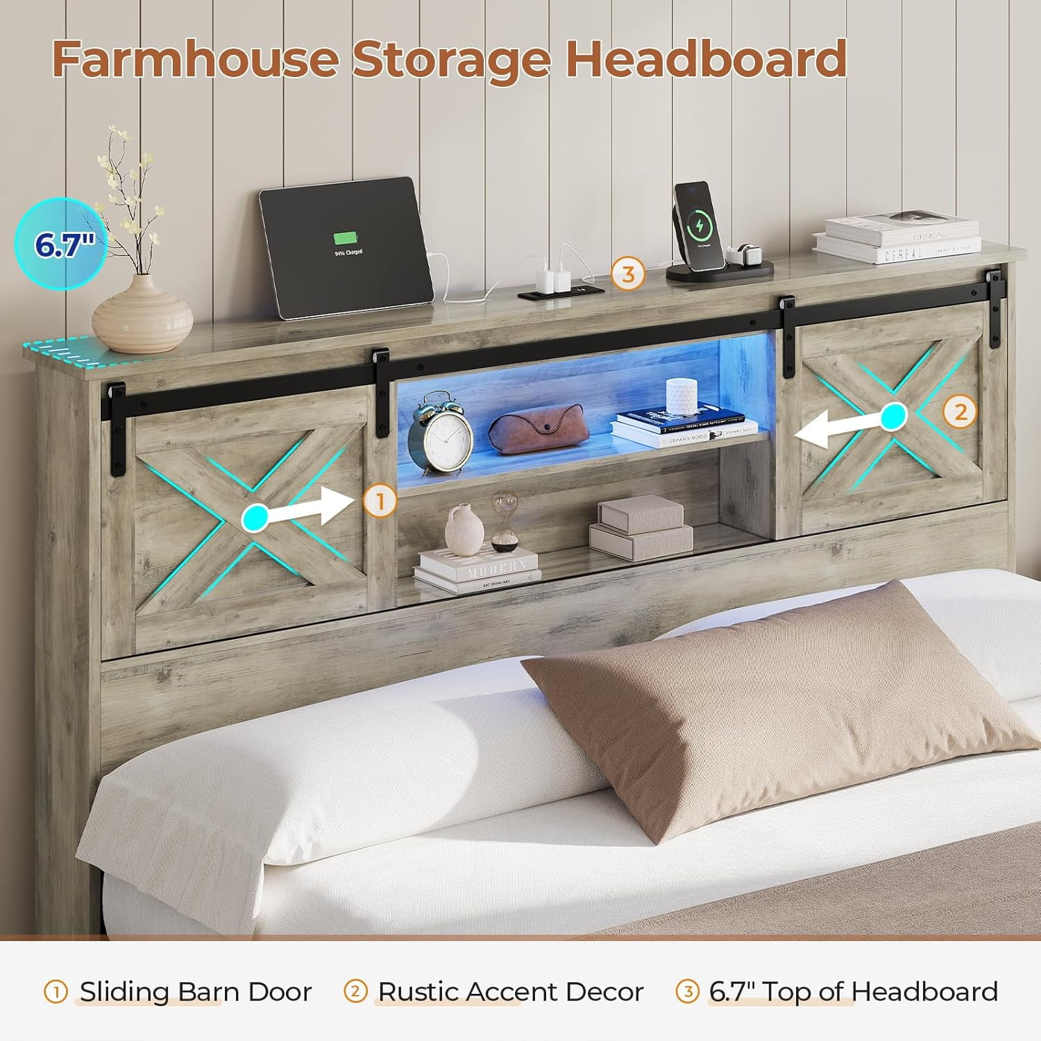 Farmhouse King Size Bed Frame with Charging Station & LED Lights,Wooden Platform King Beds with 4 Storage Drawers,Storage Headboard and Sliding Barn Door,Gray