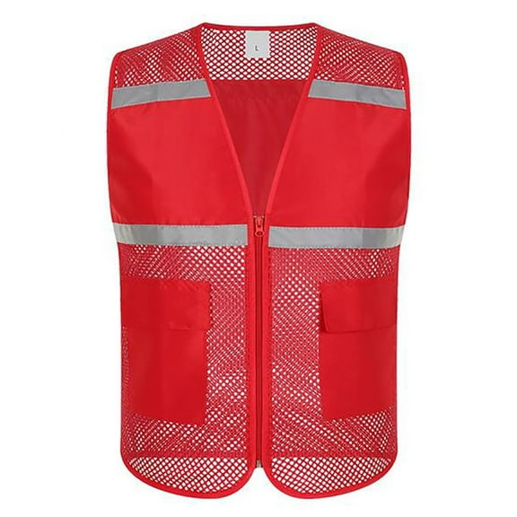 Toptie Mesh Safety Vest Zipper Team Volunteer Uniform Vest, Reflective Running Vest with Pockets, Slim Fit-Red-2XL
