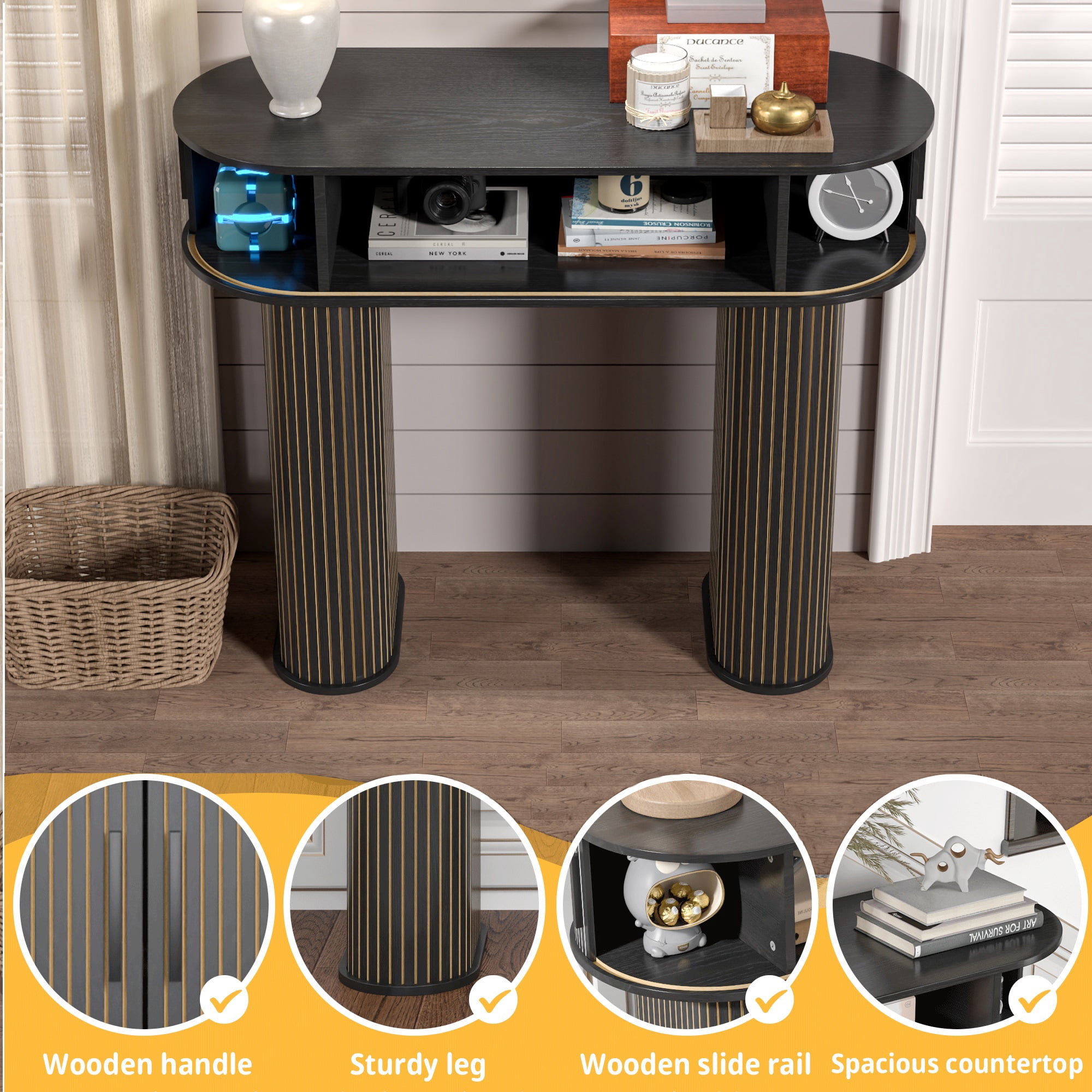 Furtivusia Console Table with Storage, Entryway Table with Sliding Door, Wood Sofa Table for Living Room, Foyer, Hallway, Black