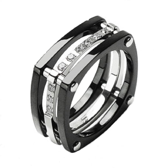 Men Women Wide New Solid Titanium Black IP CZ Wedding Band Ring  Sizes 6-14