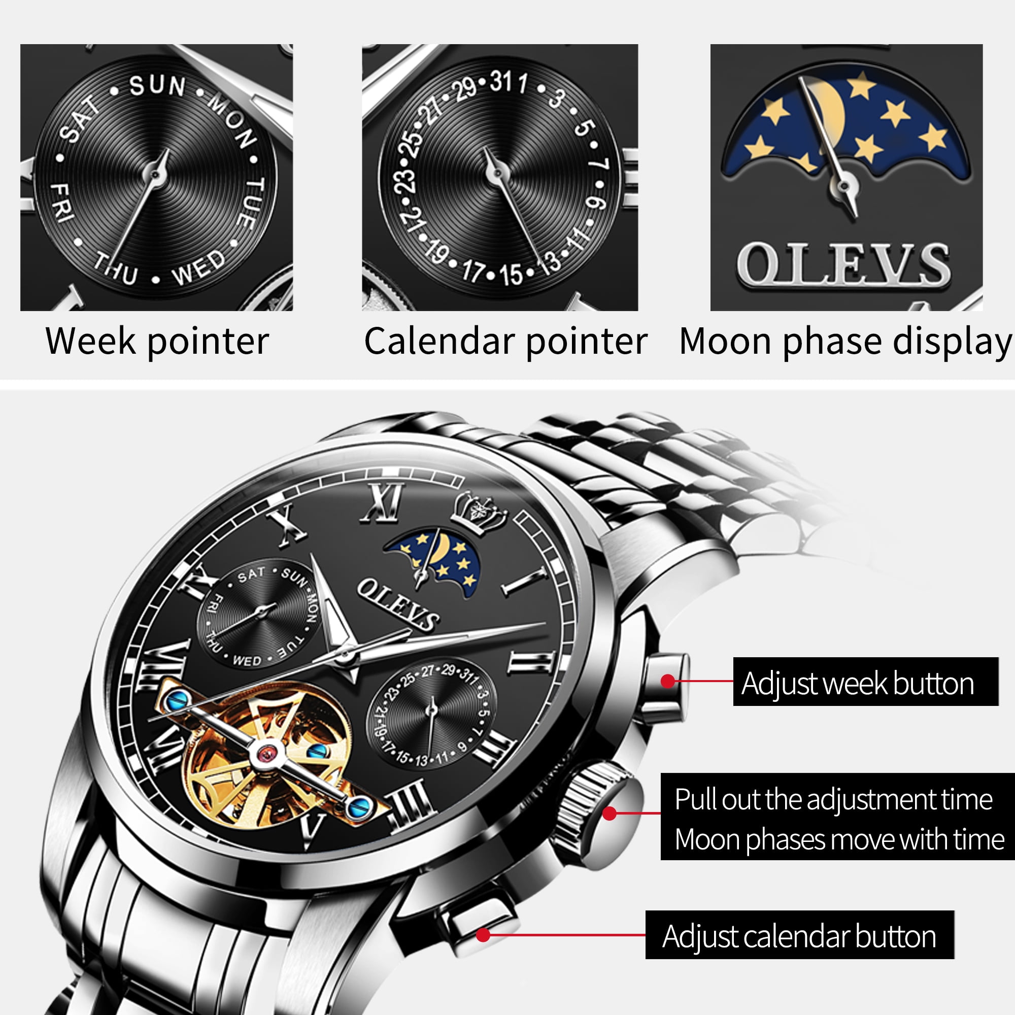 OLEVS Automatic Watches for Mens Skeleton Mechanical Self Winding Luxury Dress Mens Stainless Steel Watches Moon Phase Waterproof Luminous Reloj Para Hombre, Gifts for Men, Male 6617D