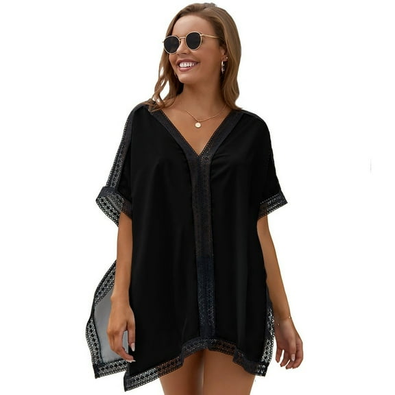 Pure Black Noble Women's Swimsuit Coverup Summer Beach Cover Up Bathing Suit Dress