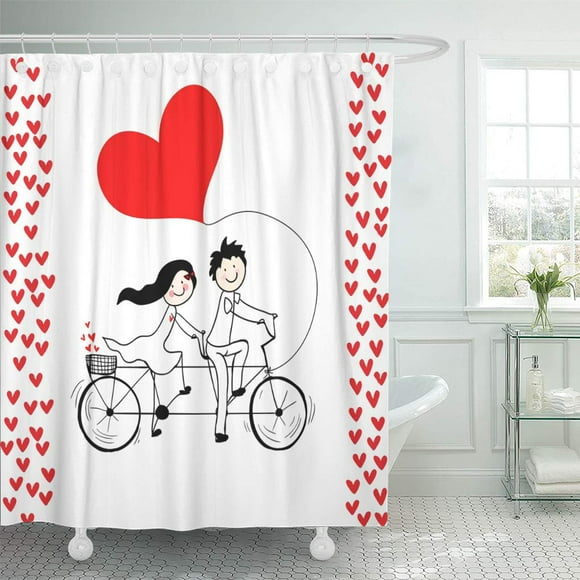YUSDECOR Red Marriage Doodle Lovers Boy and Girl Riding Tandem Bicycle Bathroom Decor Bath Shower Curtain 60x72 inch