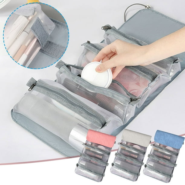 Bolsa de maquillaje de viaje colgante 4 en 1 con bolsas de malla desmontables, organizador de artículos de aseo resistente al agua para mujeres