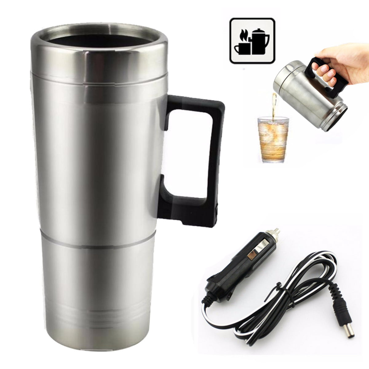 Car Cup 12v Heating Coffee Stainless Travel Heated Thermos Mug Steel Tea Auto 