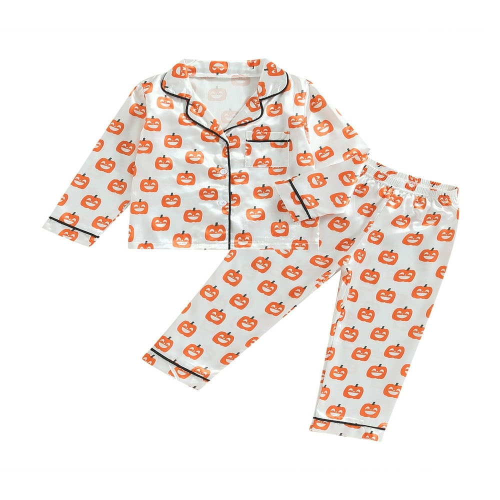 Kid Baby Girls Boys Halloween Pajamas Set Pumpkin Long Sleeve Button Down Tops Long Pants 2 Pieces Loungewear Sleepwear