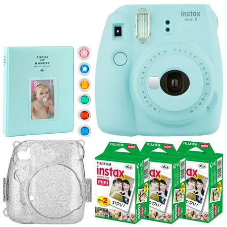 - Fujifilm Instax Mini 9 Instant Camera Ice Blue +Fujifilm Instax Mini Twin Pack Instant Film x3 +Clear Glitter Hard Case+ Light Blue Photo Album (Holds 128 Photos) +Color Close-Up Lens Filters (6 Pack)