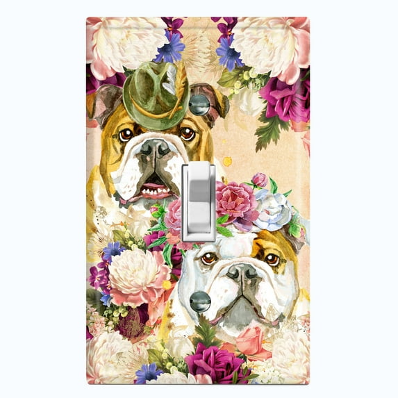 Metal Light Switch Plate Cover Cute Bulldog Couple Green Fedora Floral Crown DOG024