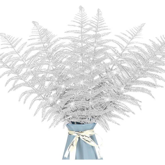 12Pcs Christmas Glitter Leaves 17in Artificial Boston Fern Bush Tropical Leaves Fake Leaf Picks Sprays for Xmas Tree Decoration Flower Arrangment New Year Holiday Home Decor