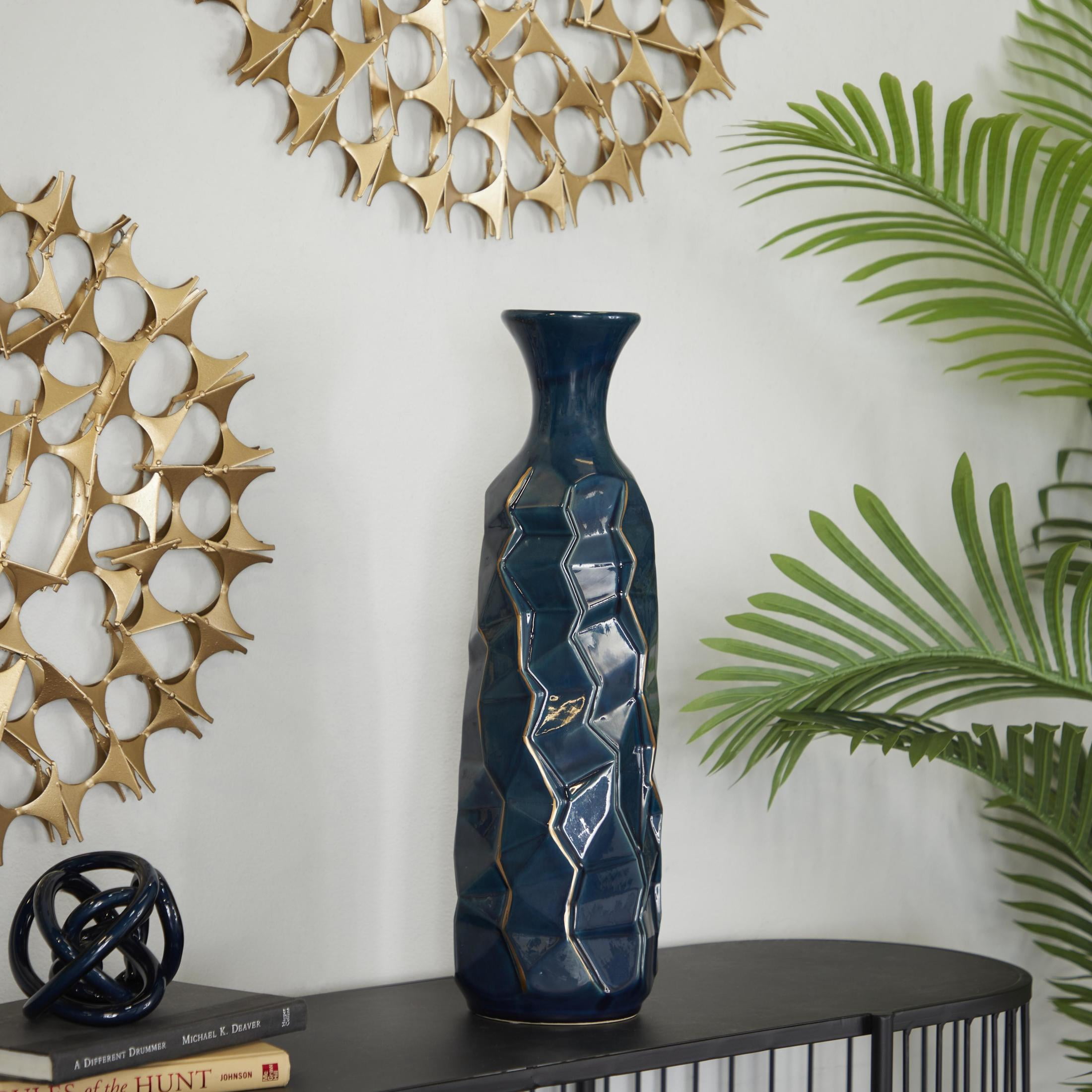 DecMode 21" Geometric Floor Teal Ceramic Vase with Gold Accents