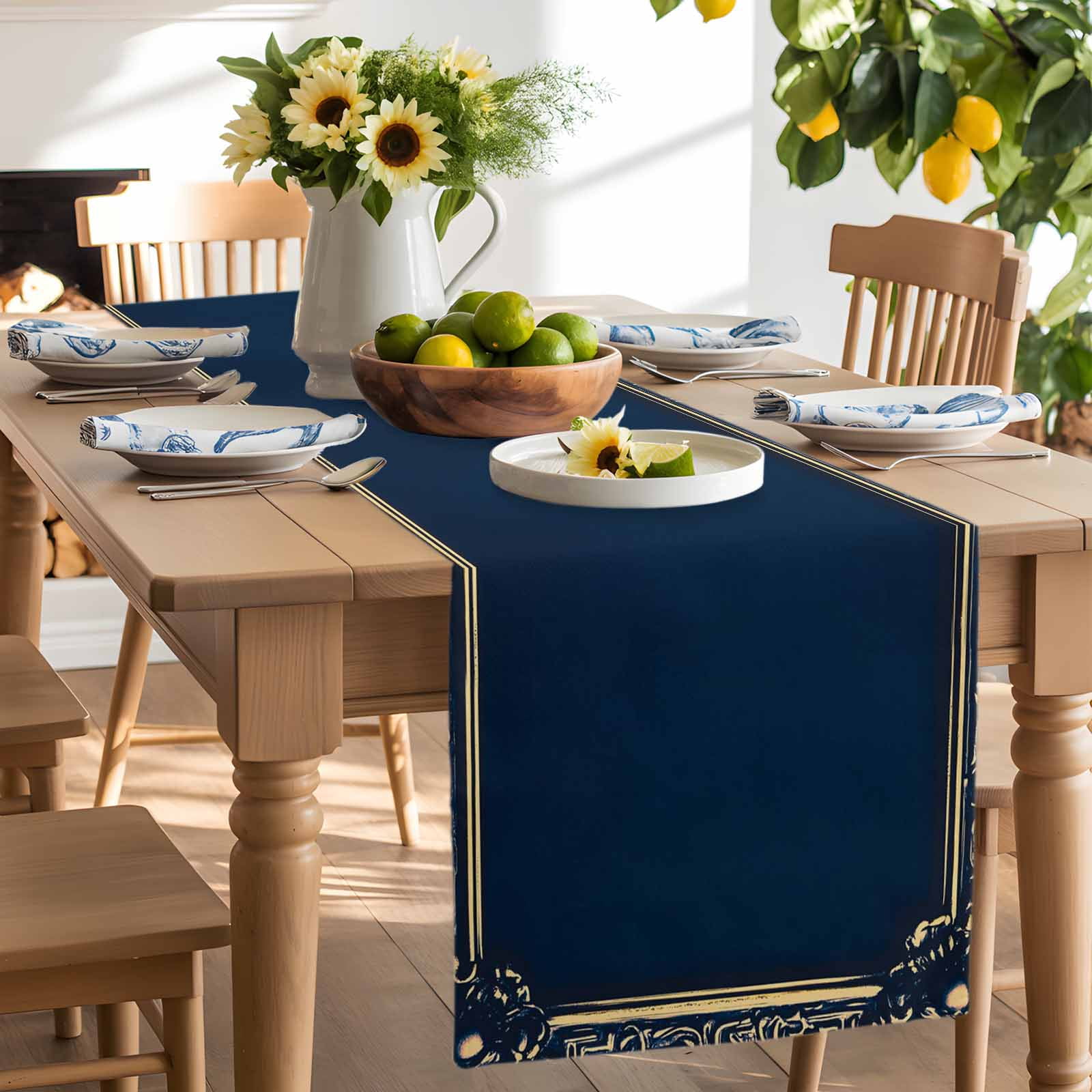 Retro Golden Flower Border Table Runner, Navy Blue Vintage Kitchen Table Runners Dress Scarves for Table Decorations Party/Restaurant/Indoor Outdoor Use, 13x120in