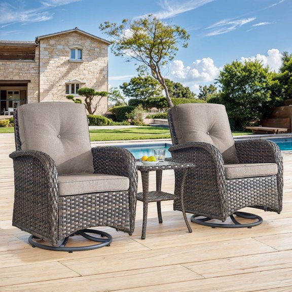 Lumiinofami Patio Wicker Swivel Rocking Chairs and Side Table Set of 3 Outdoor Rattan Glider Rocker Bistro Set with Gray Cushions