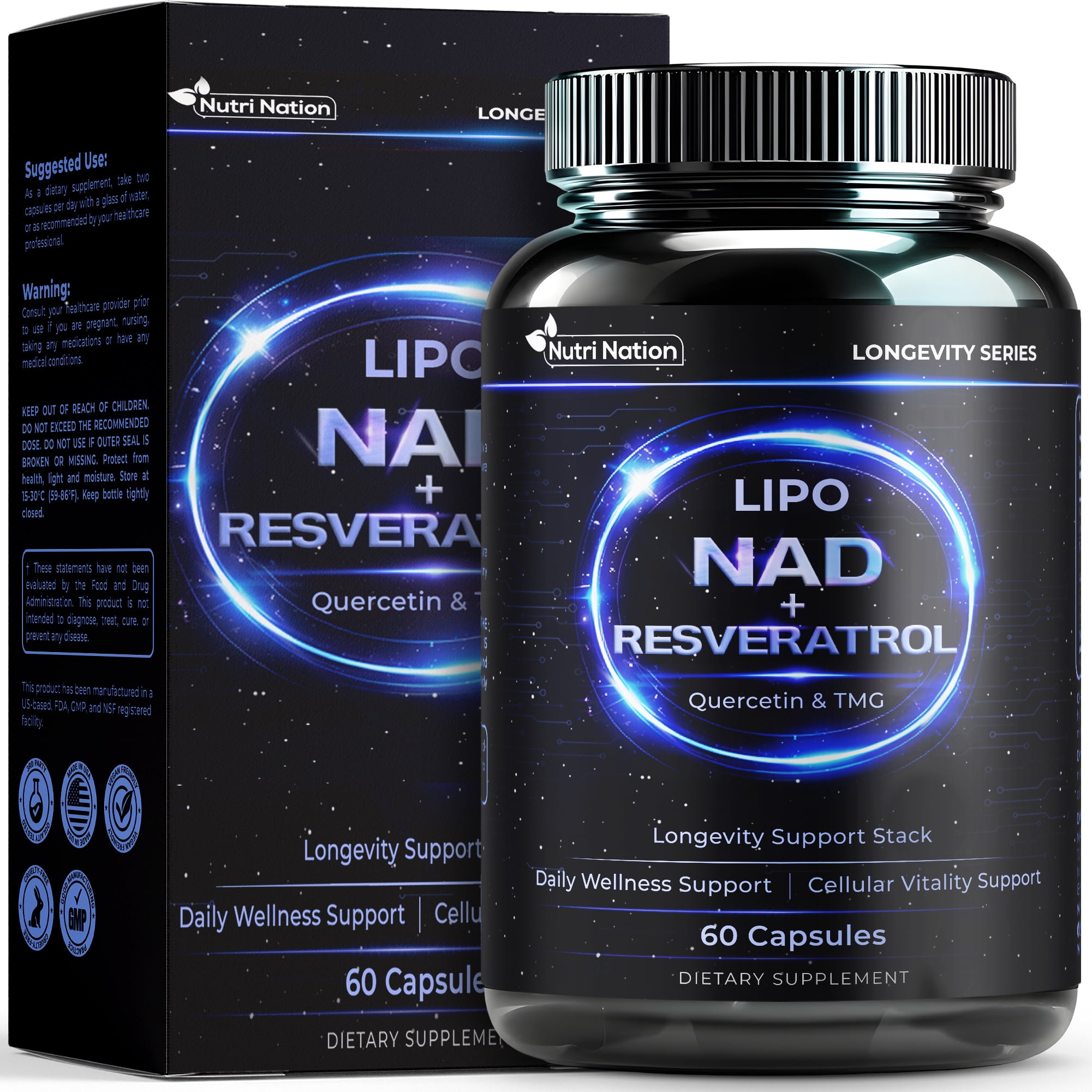 Liposomal NAD Supplement with Resveratrol, Quercetin and TMG for Anti Aging and Cell Regeneration, 3 Bottles, 180 Capsules