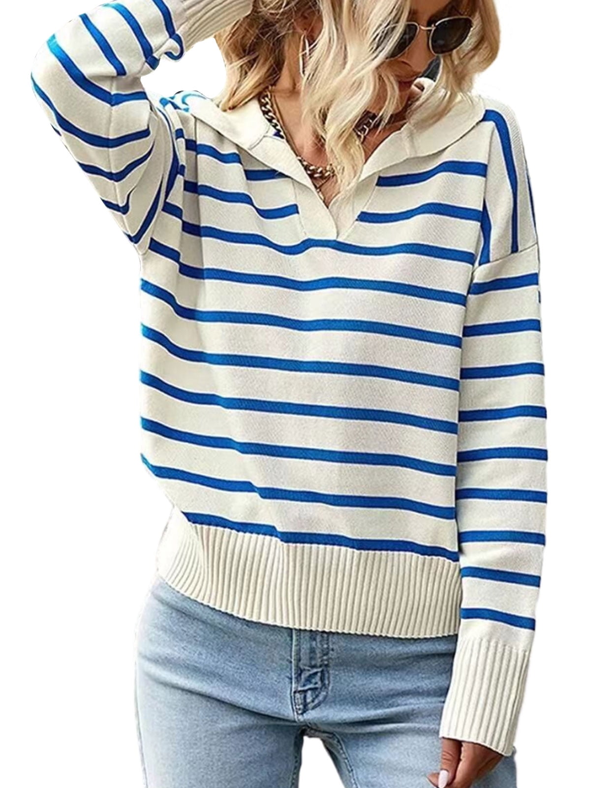 Sweaters For Women Fashion Striped Knited Sweater Sexy V Neck Lapel