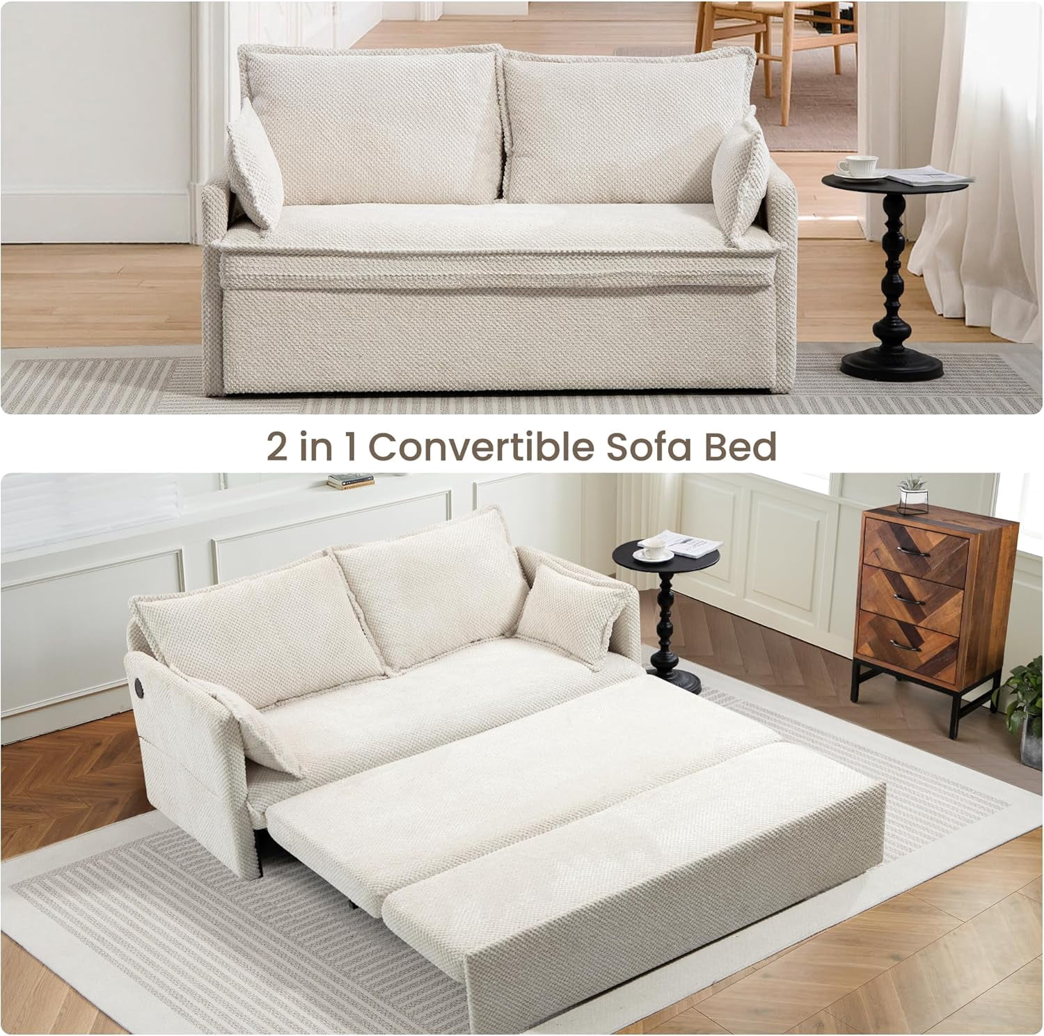 Modern Convertible Sleeper Sofa with USB Charging, Queen-size Corduroy Upholstery Sofa Bed, White