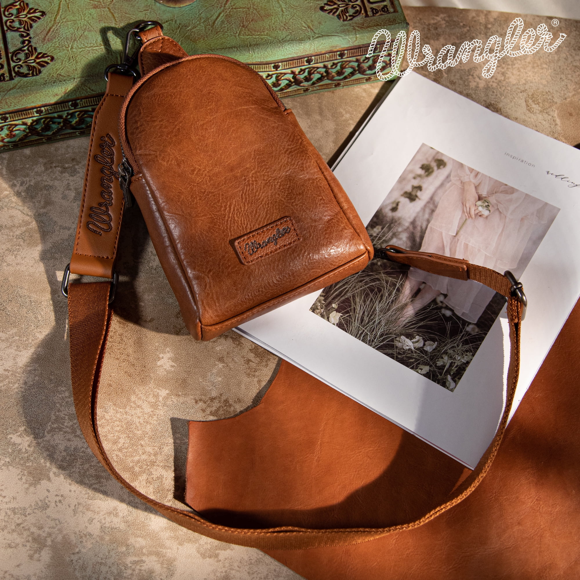 Wrangler Crossbody Sling Bags for Women Cross Body Fanny Pack Purse with Detachable Strap Zipper 7.5 "H, Brown