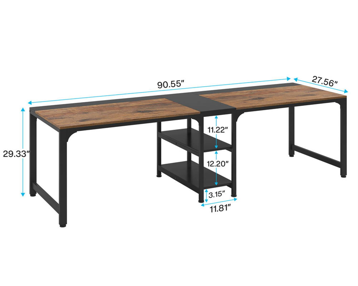 Demi Bonn 90" Industrial Two Computer Desk with Storage Shelves, Modern Double Study Writing Gaming Table for Home Office, Brown
