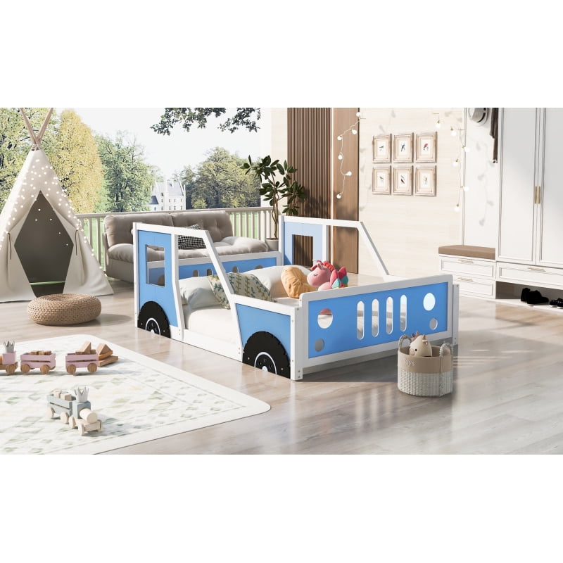 Full Size Classic Car-Shaped Platform Bed with Wheels,Blue