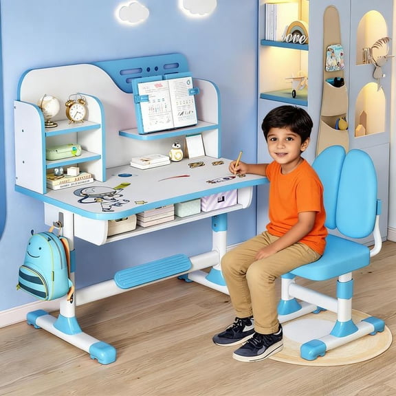 YNCE Kids Study Desk and Chair Set, Height Adjustable Kids Table and Chairs, Desk for Bedroom, Children School Study Writing Tables with Large Writing Board, Ideal Gifts for Boys Girls