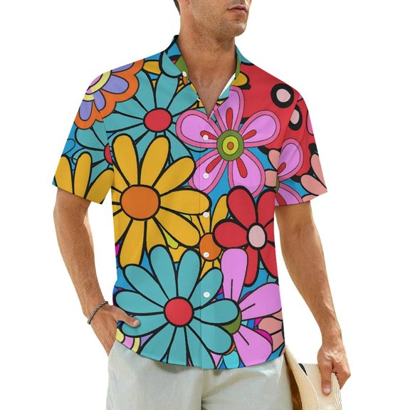 Hippie Flower Power Vacation Shirt Man Blue Floral Loose Casual Shirts Hawaiian Short-Slee
