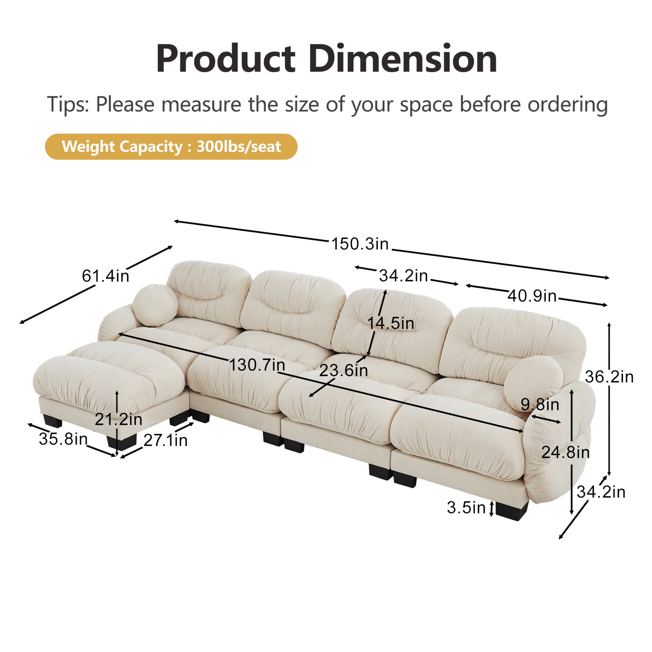 Noble House Corlan Pleated Chenille 4-Seater Sectional Sofa, Modular Deep Seat Couch with Ottoman and Throw Pillows, Beige