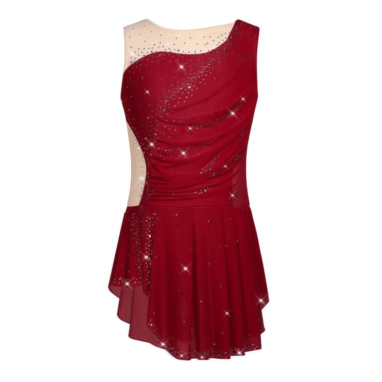 Yartina Figure Skating Dress for Girls Rhinestone Sleeveless Irregular Skirt Leotard Ballet Tutu Dress Burgundy 16, Girl's, Blue