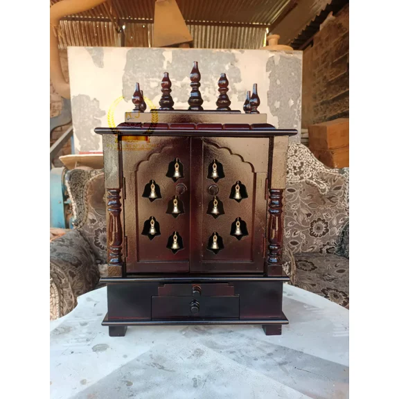 Wooden Temple Mandir Beautiful Hanging Bells Handcrafted Mandir Pooja Ghar Mandap For Worship Home Decor Art