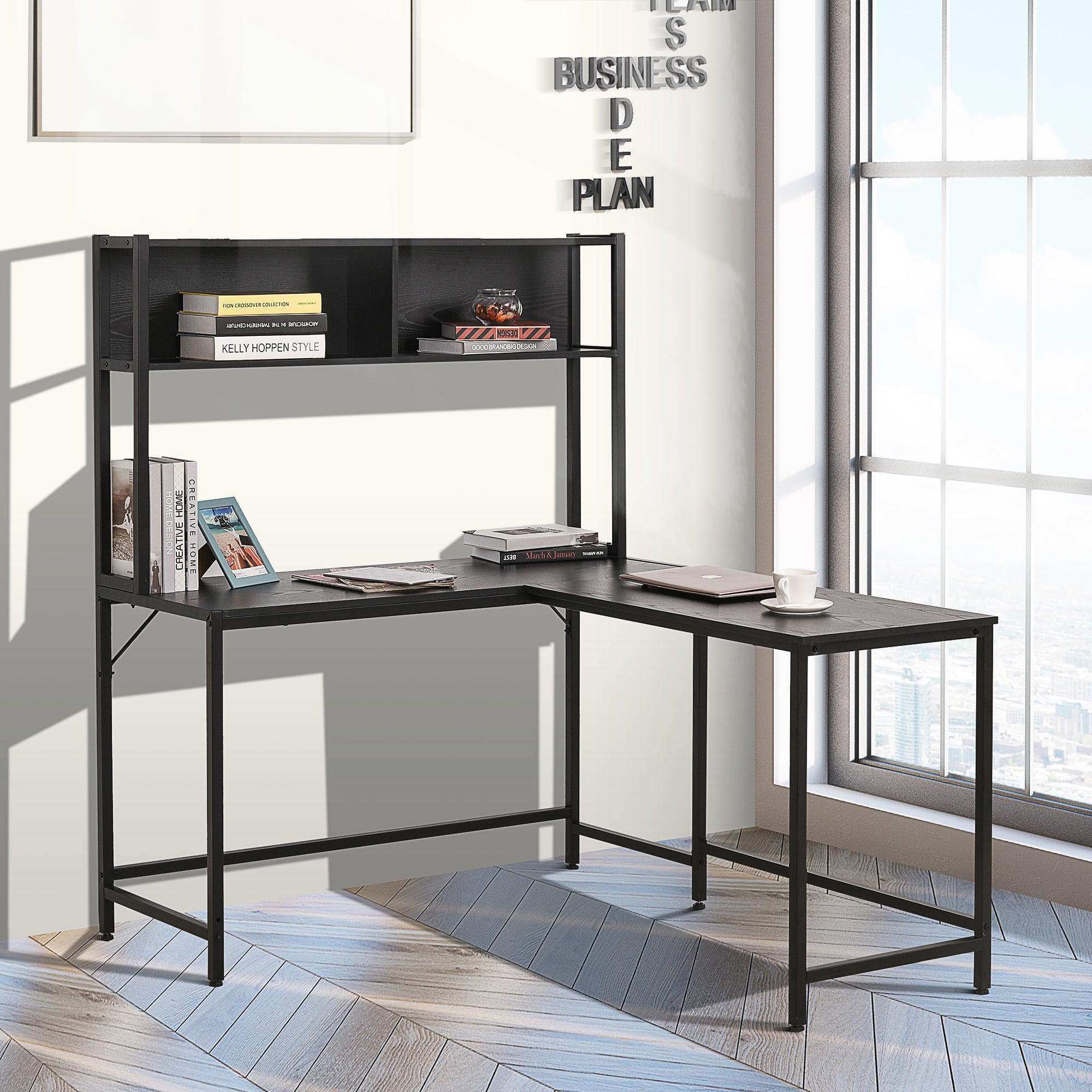 Office LShaped Computer Desk with Overhead Bookshelf, Two Side Storage