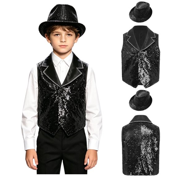 iiniim Boys Show Outfit Sequin Vest Hat Set For Dance Party Themed Celebration Gear Performance Top Black 14