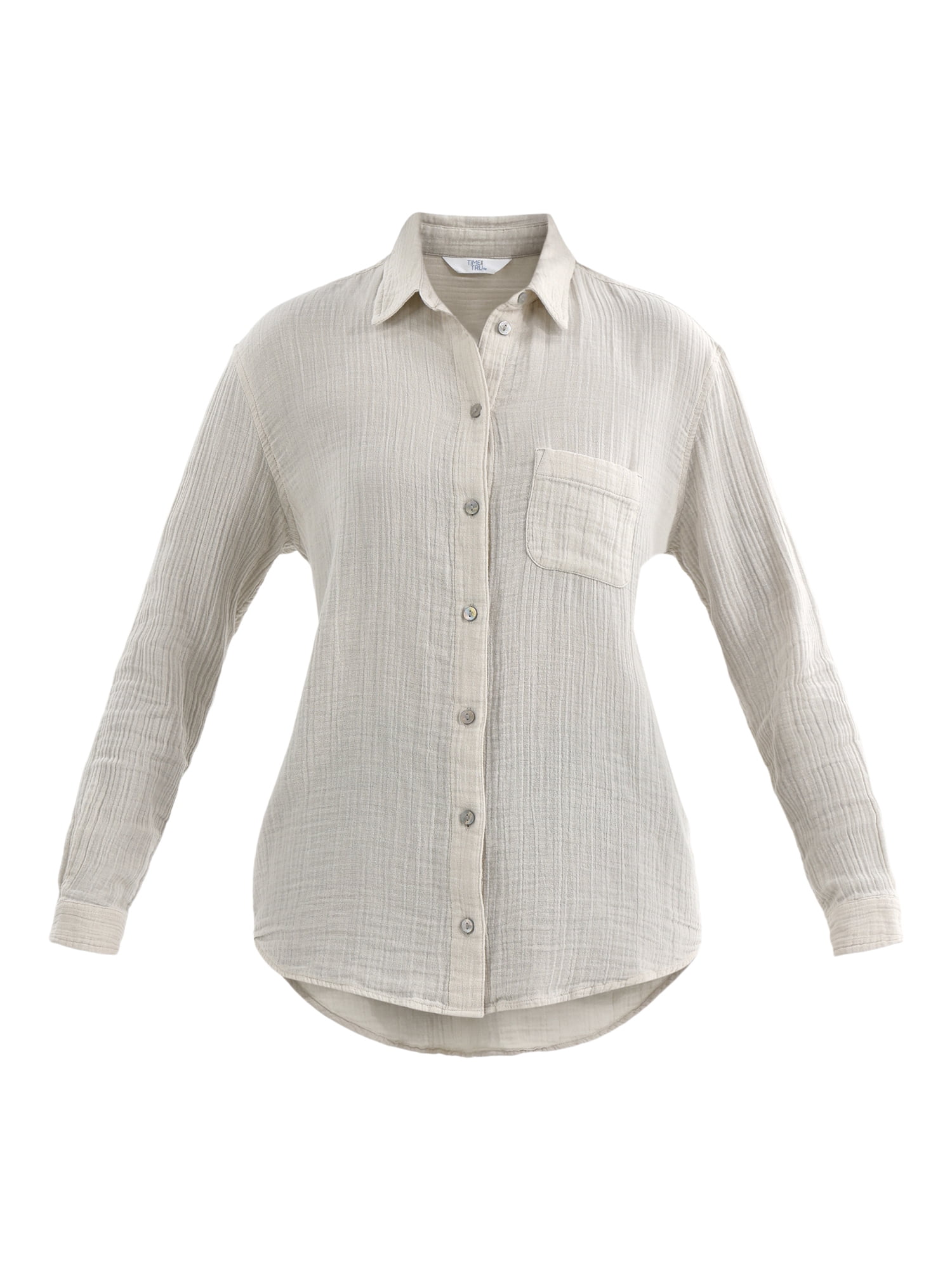 Time and Tru Women's Double Cloth Cotton Shirt with Long Sleeves, Sizes XS-XXXL