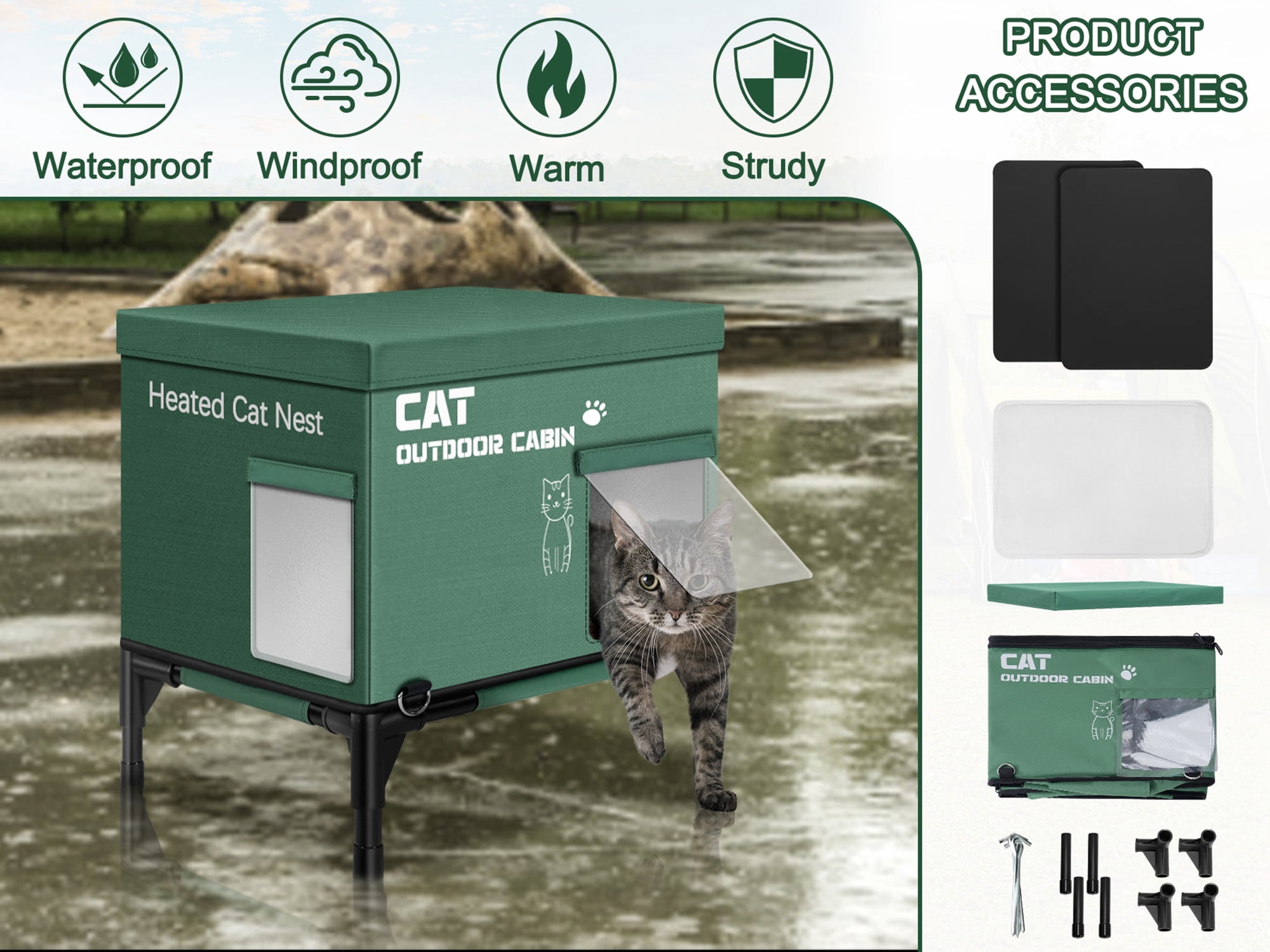 Heated Cat House for Outside in Winter, Outdoor Cat House Weatherproof with Heating Pad, Insulated Feral Cat Shelter for Outdoor Barn Strays, Highly Elevated Base & Safe Escape Door, 16 x 12 x 17 in