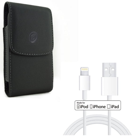 Certified 6ft MFi USB Cable w Leather Case Belt Clip for iPhone XS Max/8 PLUS/7 Plus/6S Plus/6 Plus - Charger Cord Power Wire Sync Long and Holster Cover Pouch Vertical Carry