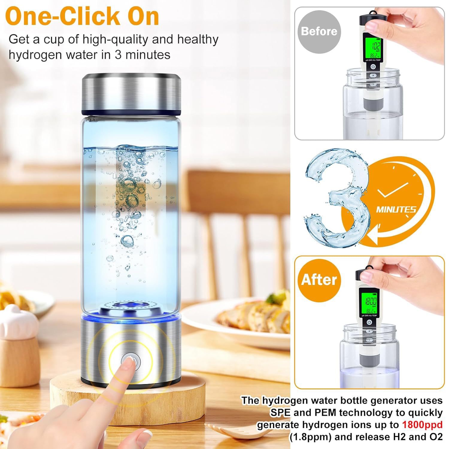 Hydrogen Water Bottle, Hydrogen Water Bottle Generator USB Rechargeable, Hydrogen Water Ionizer Machine Health Cup for Home Travel
