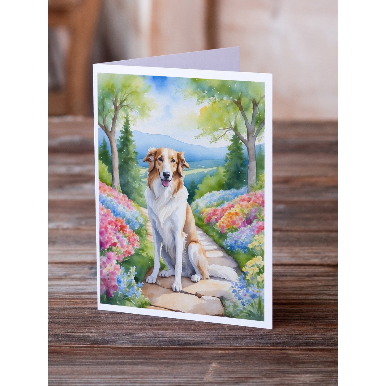 Borzoi Spring Path Greeting Cards Pack of 8 7 in x 5 in