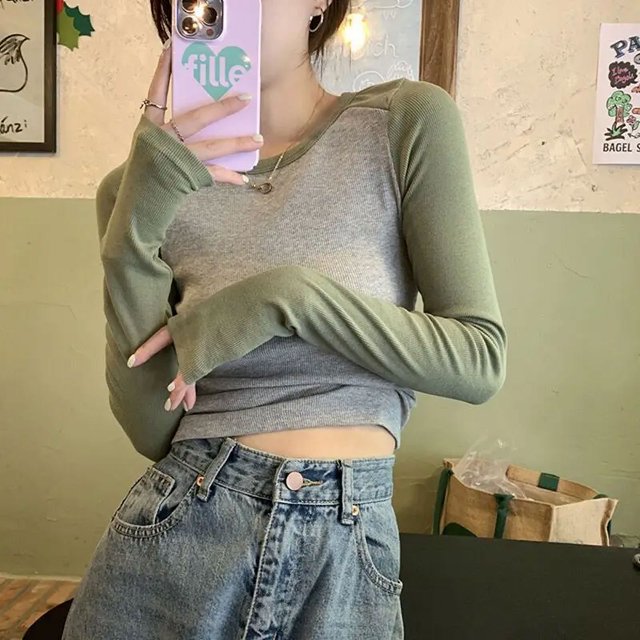 Camisetas de manga larga para mujer, clásicas, con paneles, combinables, ajustadas, suaves, nuevas, estilo coreano, para tiempo libre, cuello redondo, ropa de calle, populares, suaves, Ins