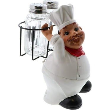 Fat Chef Kitchen Décor -White Ceramic Salt and Pepper Shaker Set With Stand -Servette Home