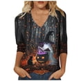 thumbnail image 5 of Craaazy Halloween Plus Size Casual Tops for Women Solid Color V Neck 3/4 Length Sleeve Halloween Printed Stretch Autumn Festival Daily Wear Blouse, 5 of 5
