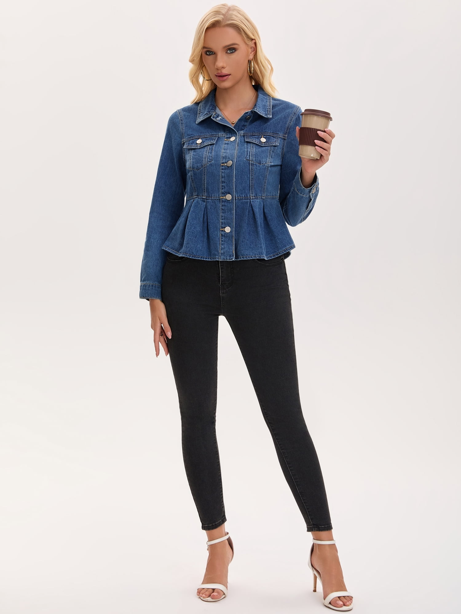 DARING DIVA Women's Button Down Collar Ruffle Hem Peplum Jean Jacket L Blue