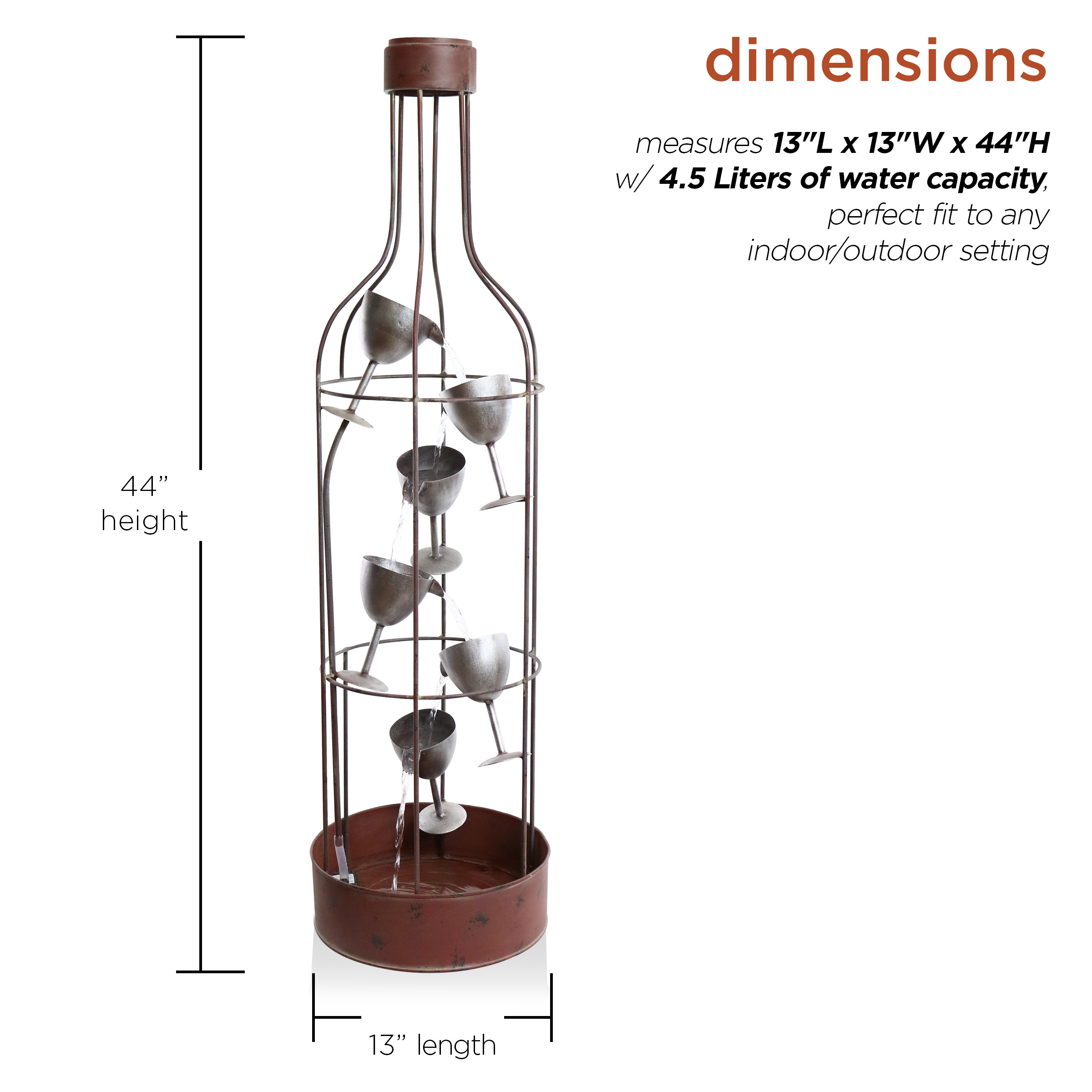 Alpine Corporation 44" Tall Indoor/Outdoor Bottle Shaped Water Fountain with Tiering Wine Glasses